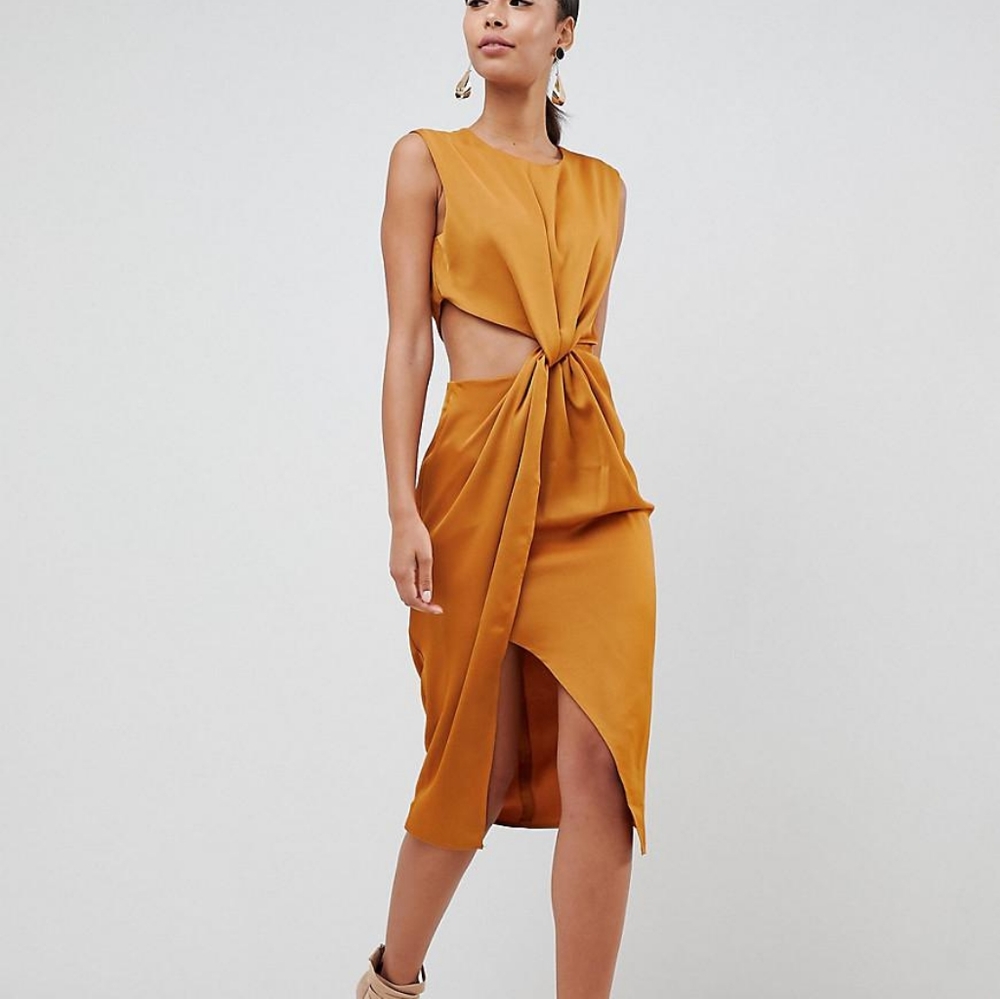 ASOS Asymmetrical Rust Orange Twist-Front Midi Dress